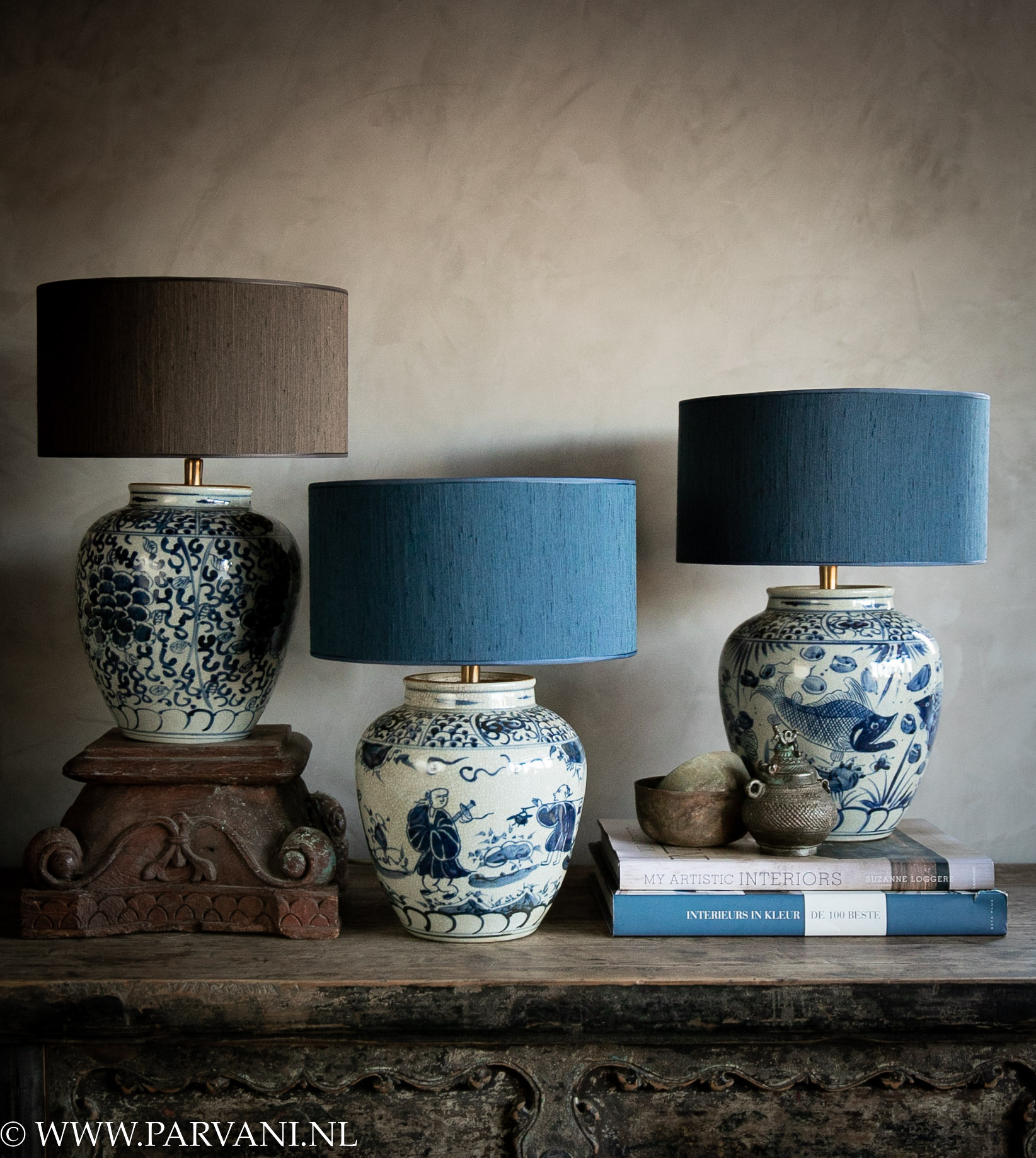Chinese blauw witte schemerlampen tafellampen met beschildering- patroon met blauwe en bruine lampenkapjes