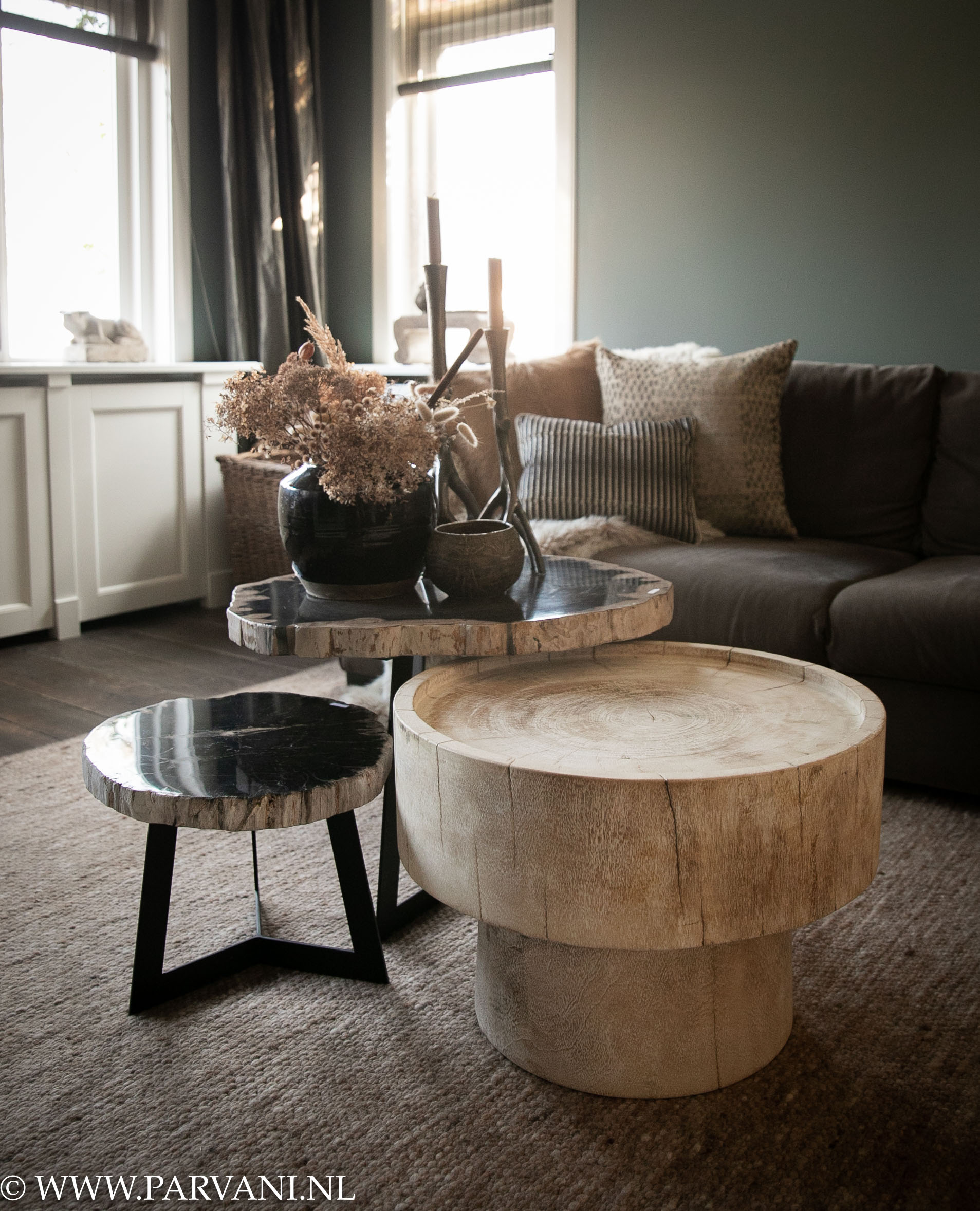 Zwart beige bruin versteend houten salontafels met strakke rond boomstam in lichte naturelle kleur hout